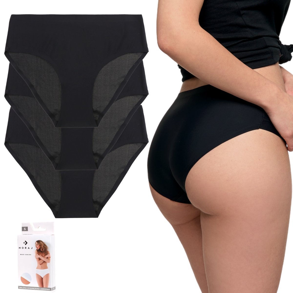 3X MAJTKI DAMSKIE BEZSZWOWE LASEROWO CIĘTE WYGODNE WYSOKI STAN MORAJ XL BLACK