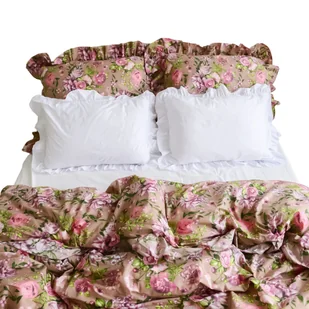 Pościel Bawełniana Z Falbanką Komplet Do Sypialni + 4 Poduszki 180X200 Cm Różowe Kwiaty Biel - Pościel - miniaturka - grafika 1