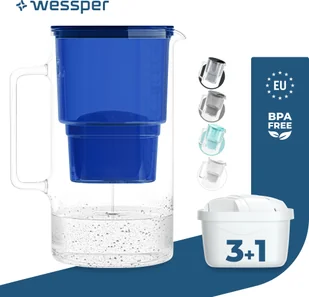 Wessper szklany dzbanek filtrujący 3 l Kompatybilny z wkładami filtrującymi Brita, w tym 4 wkłady filtrujące, niebieski - Dzbanki i imbryki - miniaturka - grafika 1