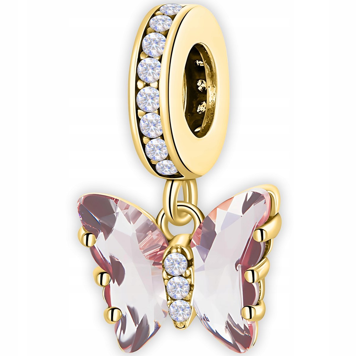 Złoty Charms Kryształowy Różowy Motyl Kryształ Motylek SREBRO 925