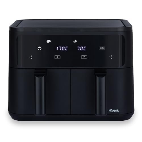 H.Koenig Airfryer frytkownica bez oleju, 2 umywalki, XXL FRY900, podwójna pojemność 9 l, regulacja 80 – 200 °C, 5 trybów gotowania, timer 60 minut, 8 programów, ekran dotykowy