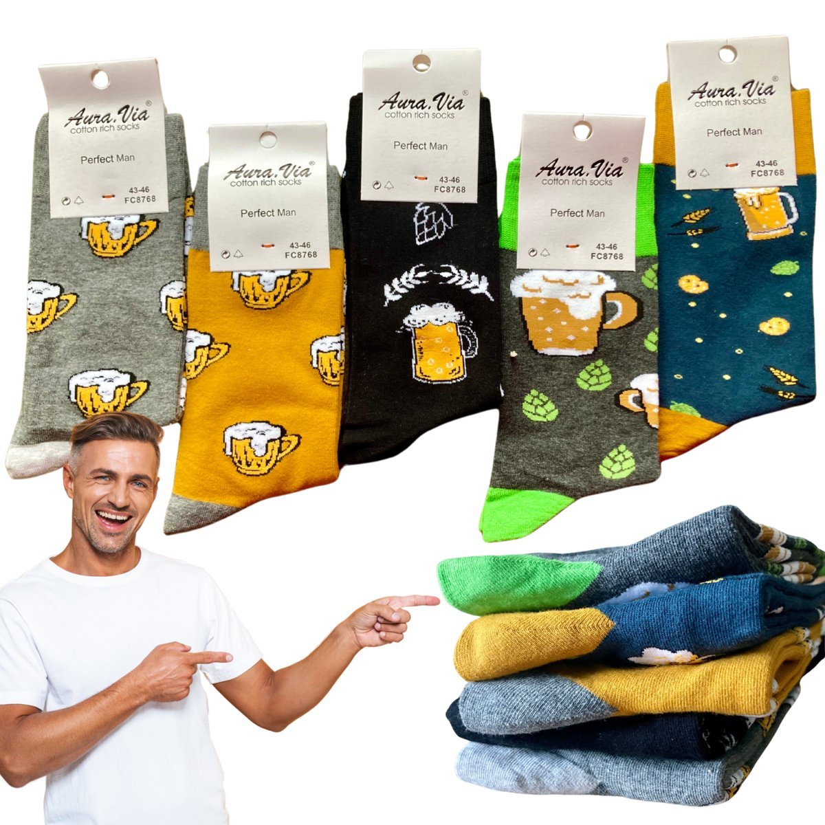 Zestaw 5x Skarpetki Męskie Śmieszne 39-42 Bawełniane Aura Via