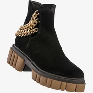 Botki damskie - Botki Damskie Skórzane Buty Na Platformie Z Łańcuchami Czarne Karino Czarny 39 - miniaturka - grafika 1