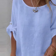 Koszule damskie - TEMU Bluzka Damska Elegancka z Regulowanymi Rękawami Trzy Czwarte - Okrągły Dekolt, Jednokolorowa Koszula do Prania w Pralce, Nieprześwitująca na - miniaturka - grafika 1