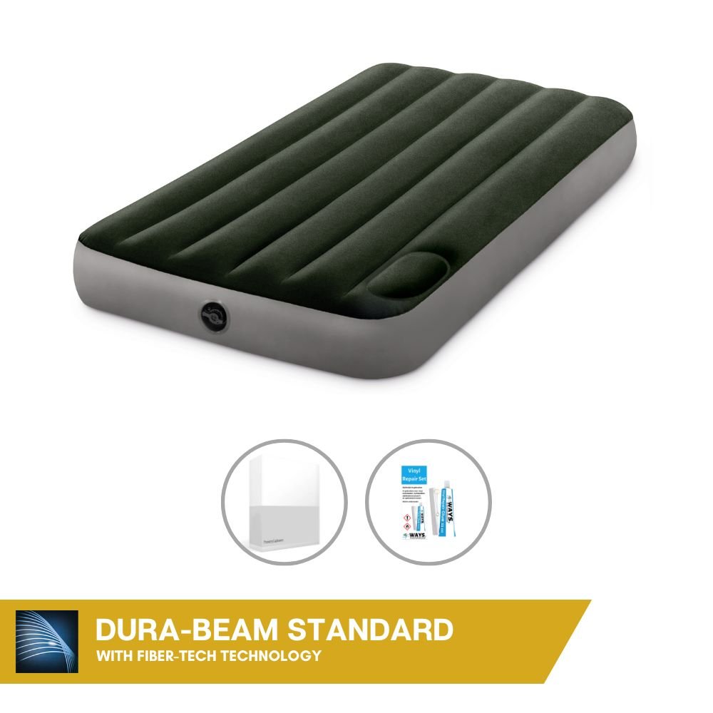 Dmuchane łóżko Intex - 1 osoba - 99 x 191 x 25 cm - Zielony - Z wbudowaną pompką nożną + prześcieradło białe + zestaw naprawczy