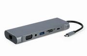 Adaptery i przejściówki - Gembird MULTI ADAPTER USB TYP-C 8 W 1 (HUB3.0 + HDMI + DISPLAYPORT + VGA + PD + CZYTNIK KART + LAN + DŹWIĘK STEREO), SZARY A-CM-COMBO8-01 - miniaturka - grafika 1