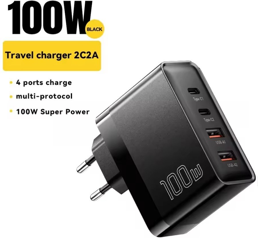 Ładowarka sieciowa szybka oryginalna ESSAGER 100W 2xUSB C 2xUSB A czarna ECT2CA-QYB01-Z