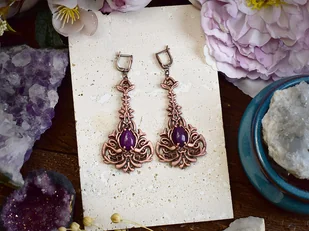 Wiktoriańskie miedziane wiszące kolczyki z kamieniem / fioletowy jadeit - Kolczyki - miniaturka - grafika 1