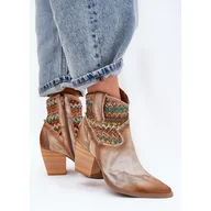 Botki damskie - Skórzane Botki Kowbojki Na Słupku Z Ozdobną Plecionką Maciejka 06810-29 Multikolor wielokolorowe - miniaturka - grafika 1