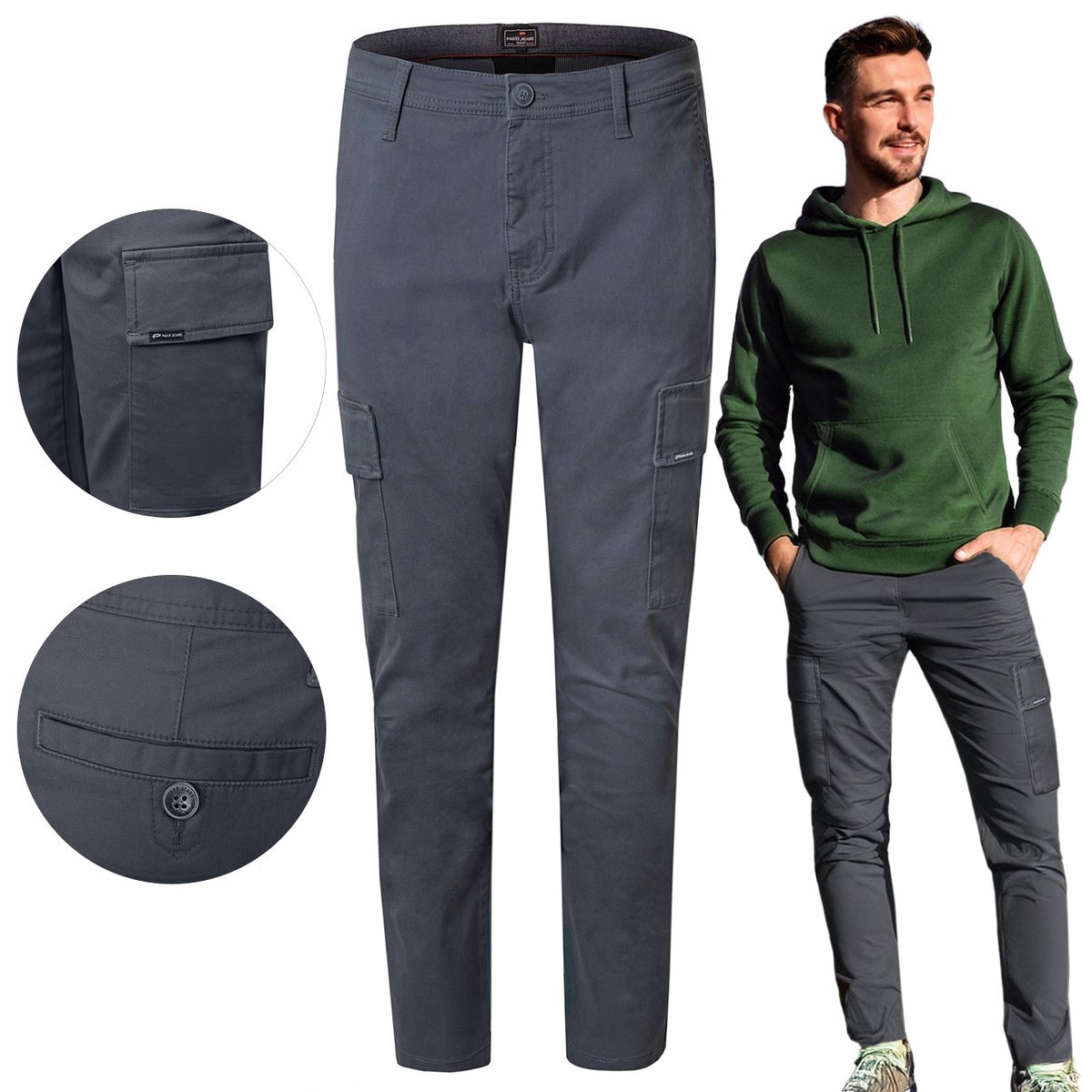 SPODNIE z Kieszeniami CARGO Męskie GRAFITOWE Slim Fit W34/L32 Pako Jeans