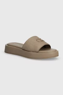 Calvin Klein klapki DRESS FLATFORM W/HW - JQ damskie kolor beżowy na platformie HW0HW01488 - Klapki i japonki damskie - miniaturka - grafika 1