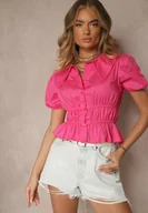 Koszule damskie - Fuksjowa Koszula z Bawełny z Bufkami na Rękawach i Marszczeniami Efranise - miniaturka - grafika 1