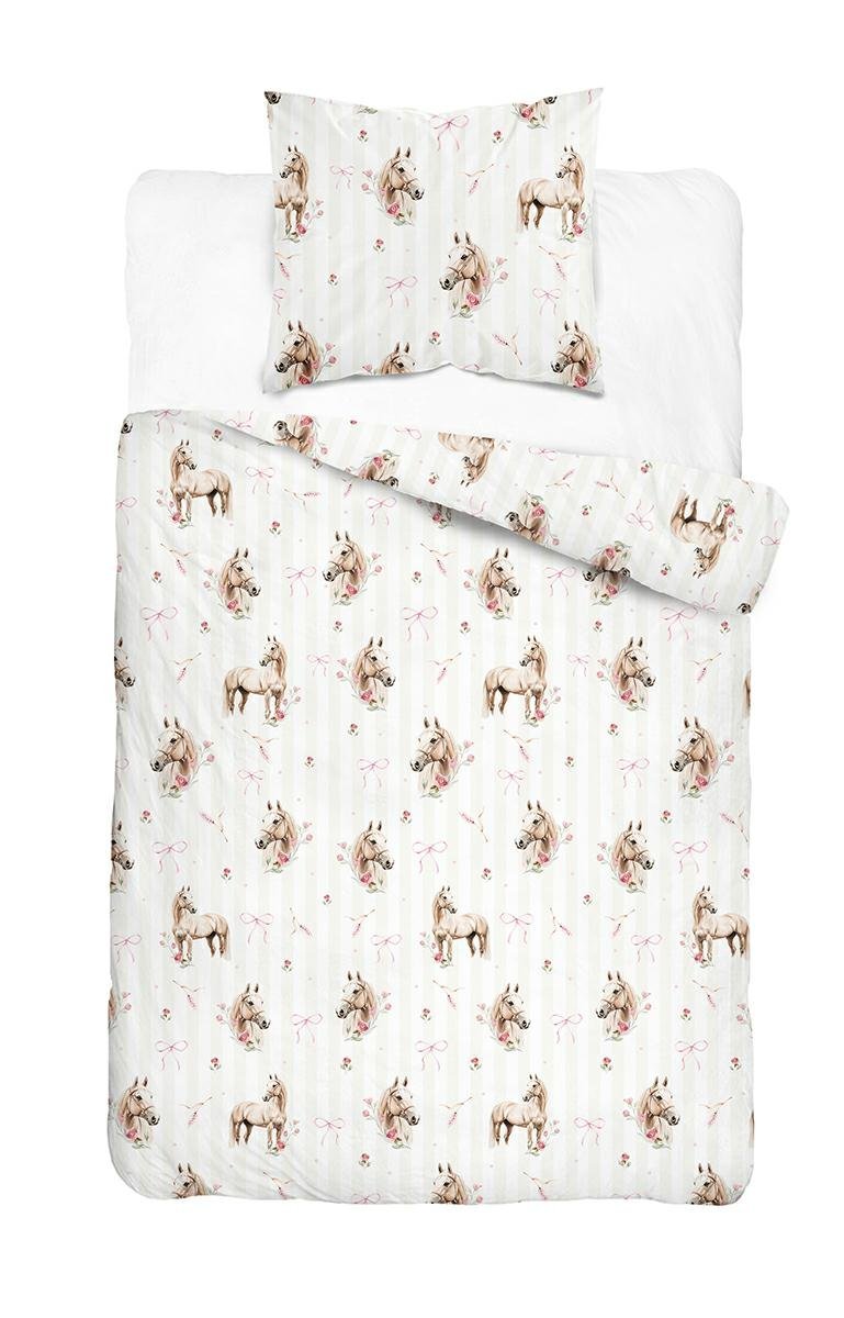 Pościel młodzieżowa 160x200 biała w beżowe pasy z motywem koni, róż i kokardek - Cotton Junior Basic Collection