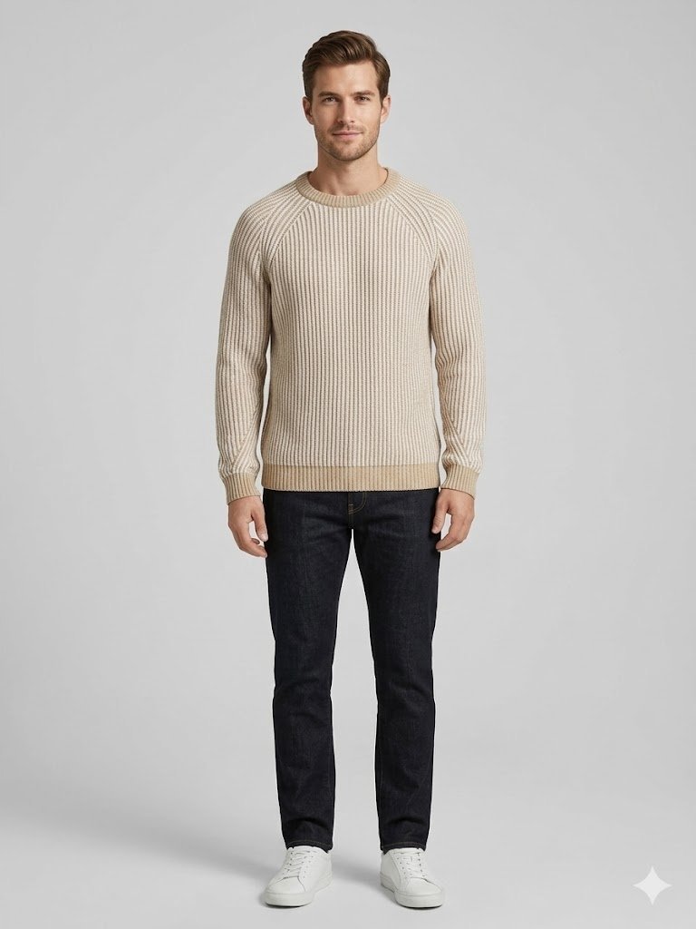 GUESS BEŻOWY SWETER MĘSKI W PRĄŻKI Z OKRĄGŁYM DEKOLTEM L GŁA