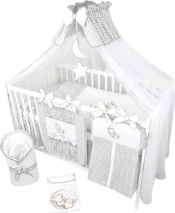 Komplet pościeli do łóżeczka 14 sztuk bez łóżeczka w rozmiarze 70x140 wykonany w 100% z bawełny z haftem misia na księżycu, w tym moskitiera Grey - Pościel - miniaturka - grafika 1