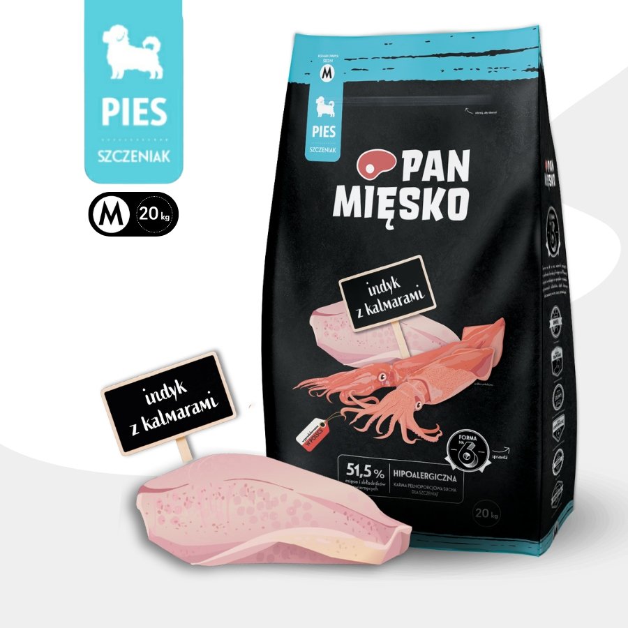 Pan Mięsko Indyk z kalmarami chrupki M 20kg karma sucha dla szczeniąt