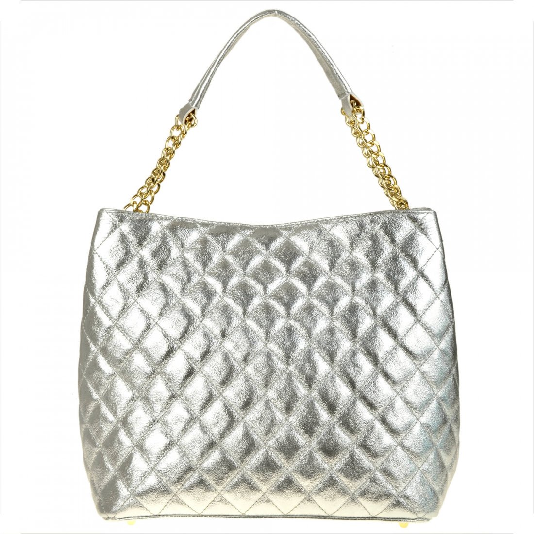 Duża torba pikowana srebrna XL skóra naturalna