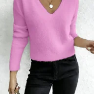 Swetry damskie - TEMU Sweter z Dekoltem w Serek, Puszysty, Jednokolorowy, Casual, Jesień/, Bluzka z Długim Rękawem - miniaturka - grafika 1