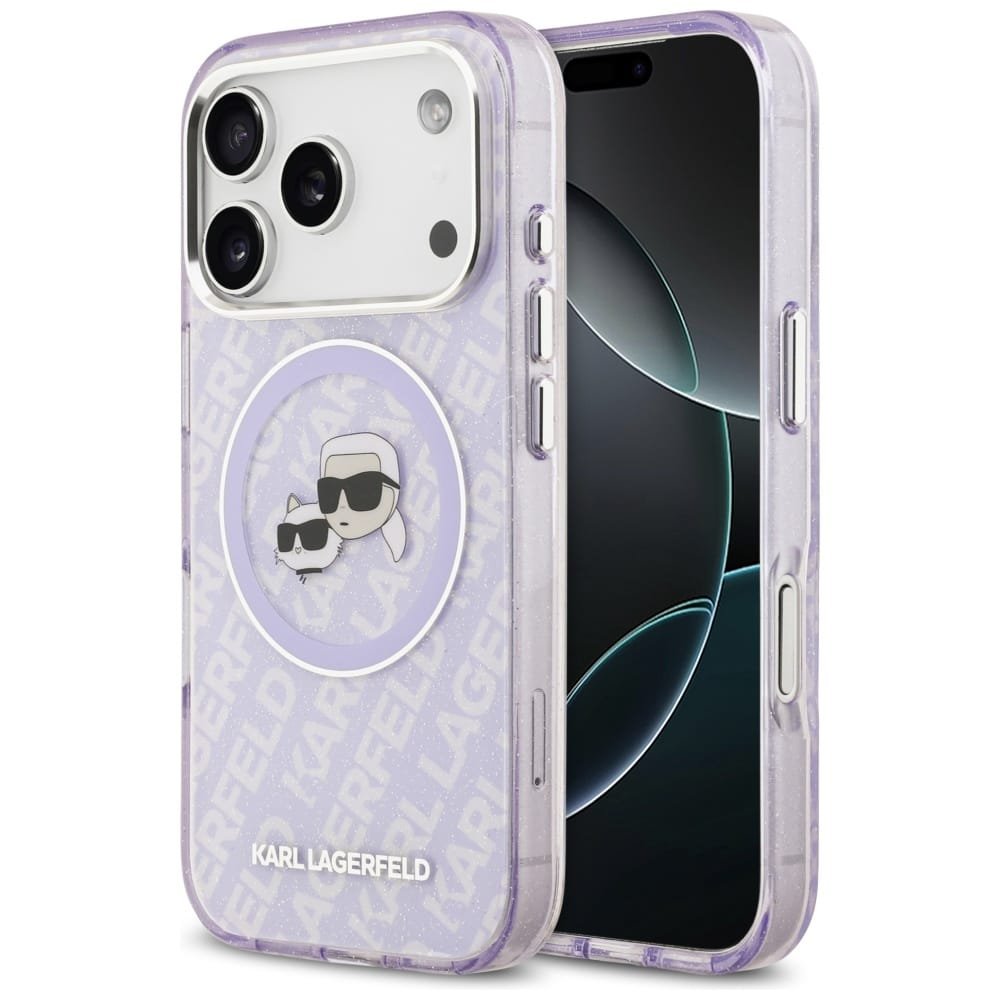 Etui Karl Lagerfeld IML Glitter Karl & Choupette Heads Logo MagSafe do iPhone 17 Pro Max fioletowy