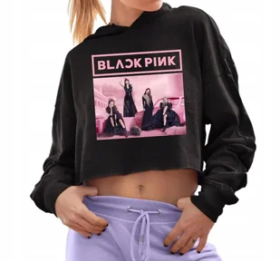Bluza Damska Czarna Krótka Z Kapturem BLACK PINK Crop Hit KPOP - Rozmiar S - Bluzy damskie - miniaturka - grafika 1