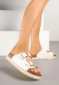 Klapki i japonki damskie - Białe Klapki na Grubej Korkowej Podeszwie z Dwoma Paskami i Klamrami Litellin - miniaturka - grafika 1