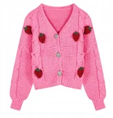 Swetry damskie - Sweter Kardigan z Guzikami Różowy - miniaturka - grafika 1