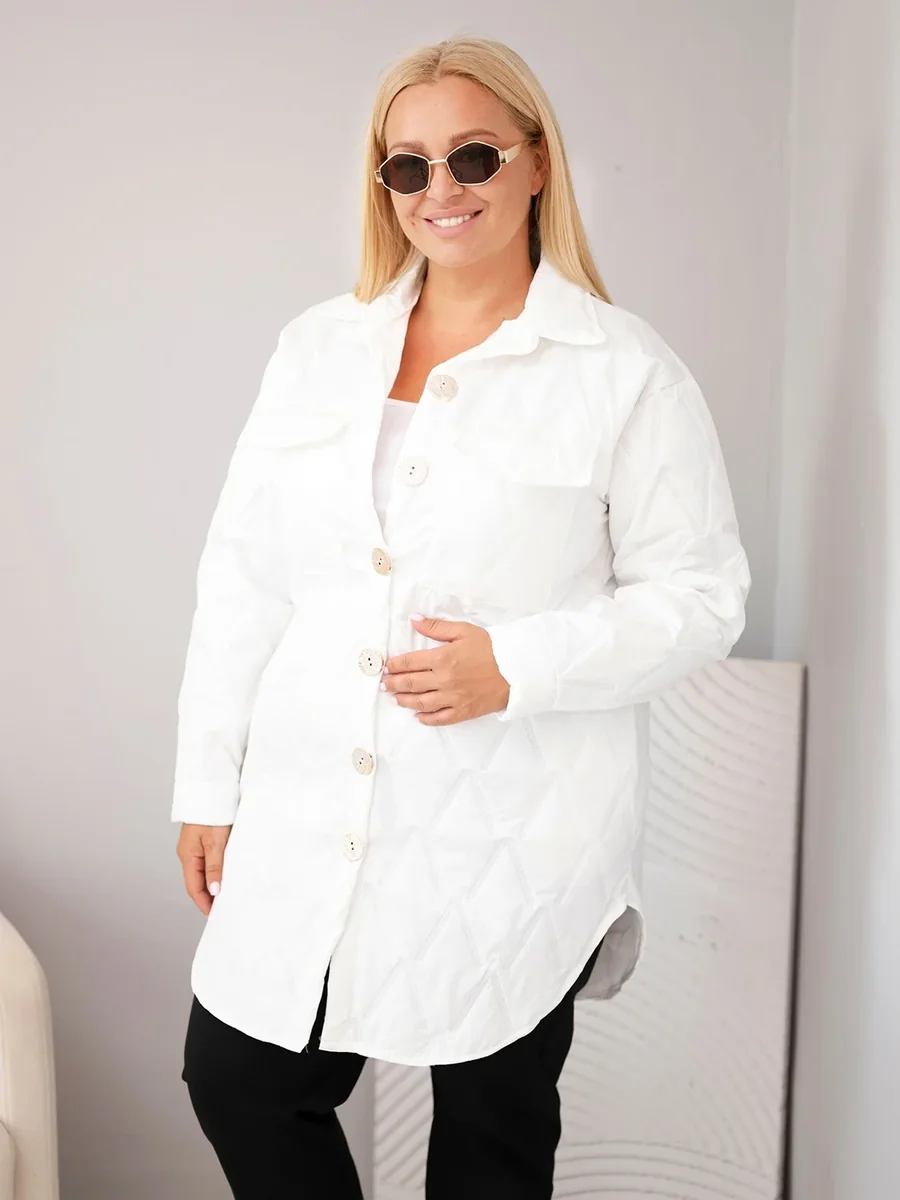 Biała pikowana kurtka damska Plus Size z kołnierzem i kieszeniami