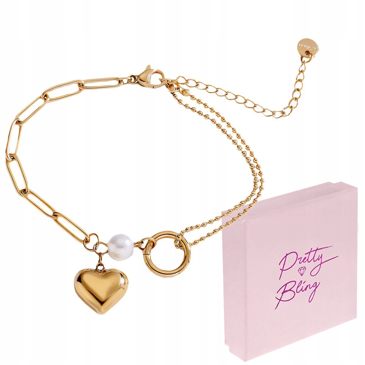 Bransoletka damska pozłacana SERDUSZKO perełka KÓŁKO REGULOWANA stal 316L