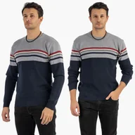 Swetry męskie - Sweter Męski Klasyczny Elegancki Wygodny Okrągły Dekolt Szary W Paski MUST L Szary - miniaturka - grafika 1