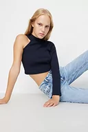 Body - Trendyol Damska dopasowana bodycon asymetryczna bluzka z dzianiny z kołnierzem, granatowy, L - miniaturka - grafika 1