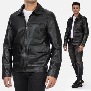 Kurtka męska ze skóry ekologicznej czarna z kołnierzem i kieszeniami HP06U88-1 S Czarny - Kurtki męskie - miniaturka - grafika 1