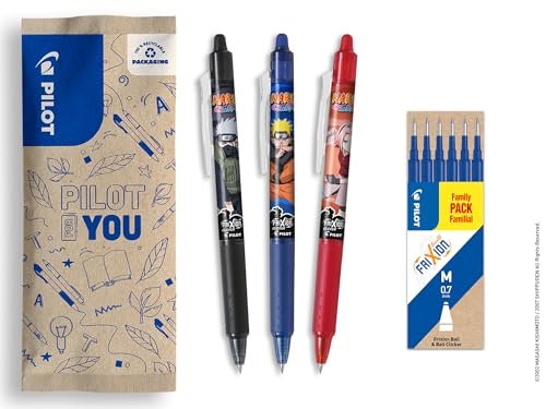 PILOT x NARUTO - 3 szt. FriXion Ball Clicker, czarny, niebieski, czerwony + 1 zestaw 6 niebieskich wkładów - wymazywalny długopis - Naruto Shipudden Limited Edition - Wysuwane długopisy kulkowe -
