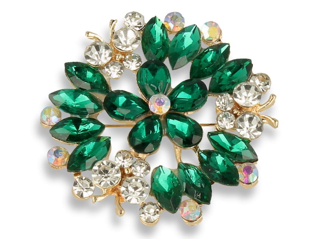 Broszka Damska Złota Z Zielonym Kwiatem I Motylkami