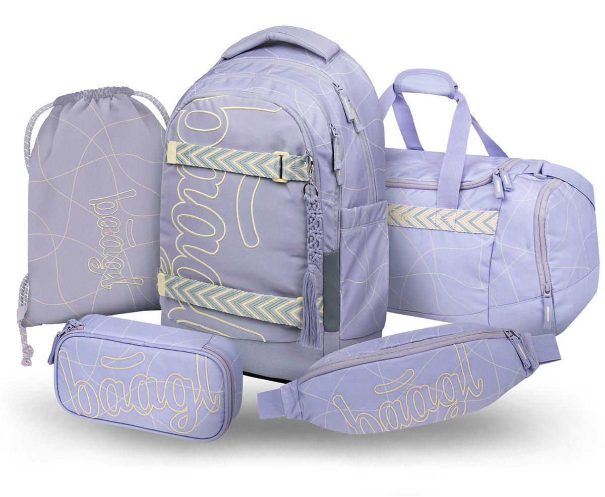 BAAGL Zestaw Szkolny 5w1 Plecak Ergonomiczny Skate Max Mishmash Fioletowy 31L GROW + Piórnik + Torba + Worek + Nerka