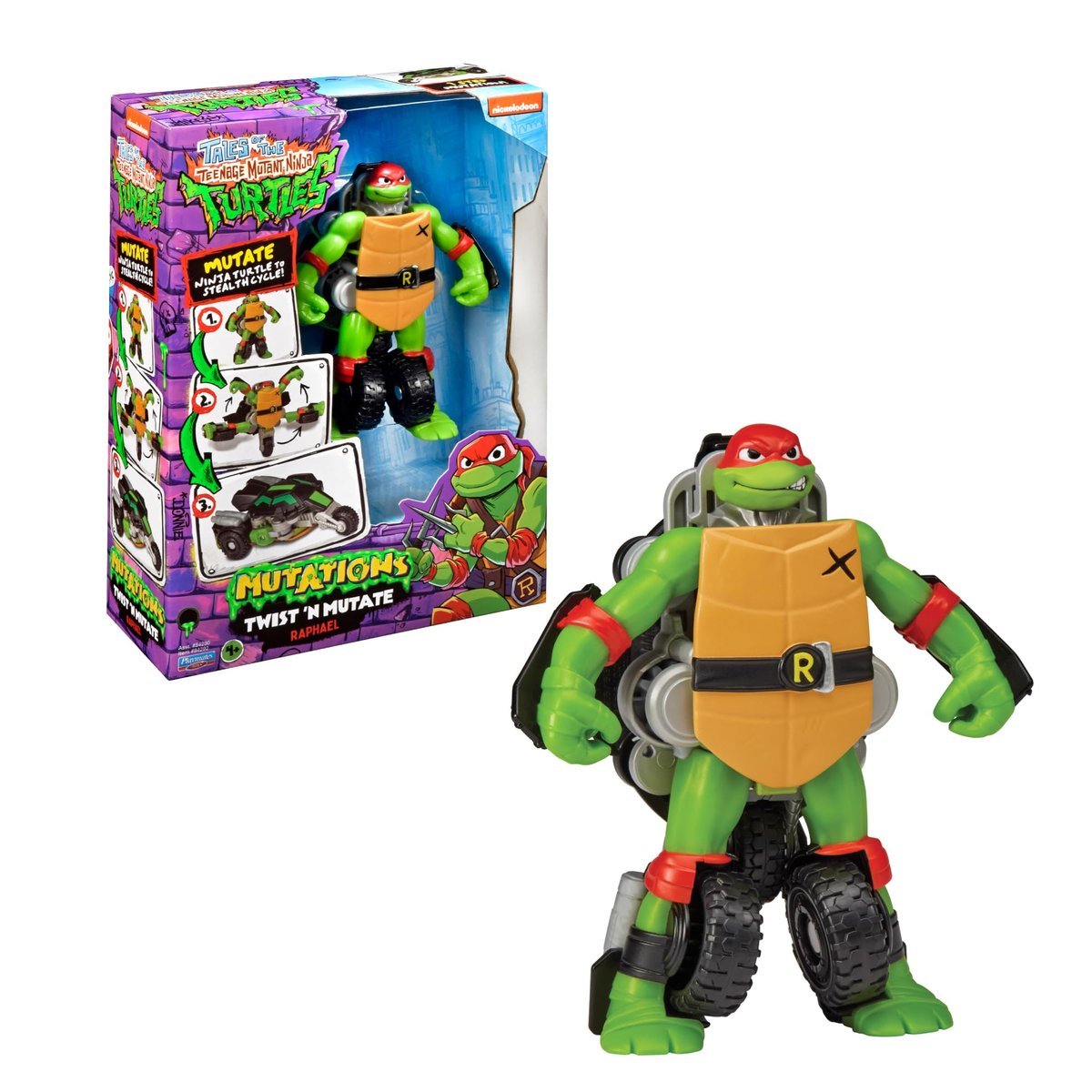 TORTUGAS NINJA Figurka akcji w pojeździe, przekształca Rapha w 2-kołowy motocykl, 2 lalki do kolekcjonowania, przegubowe figurki, sławna (TU845100)