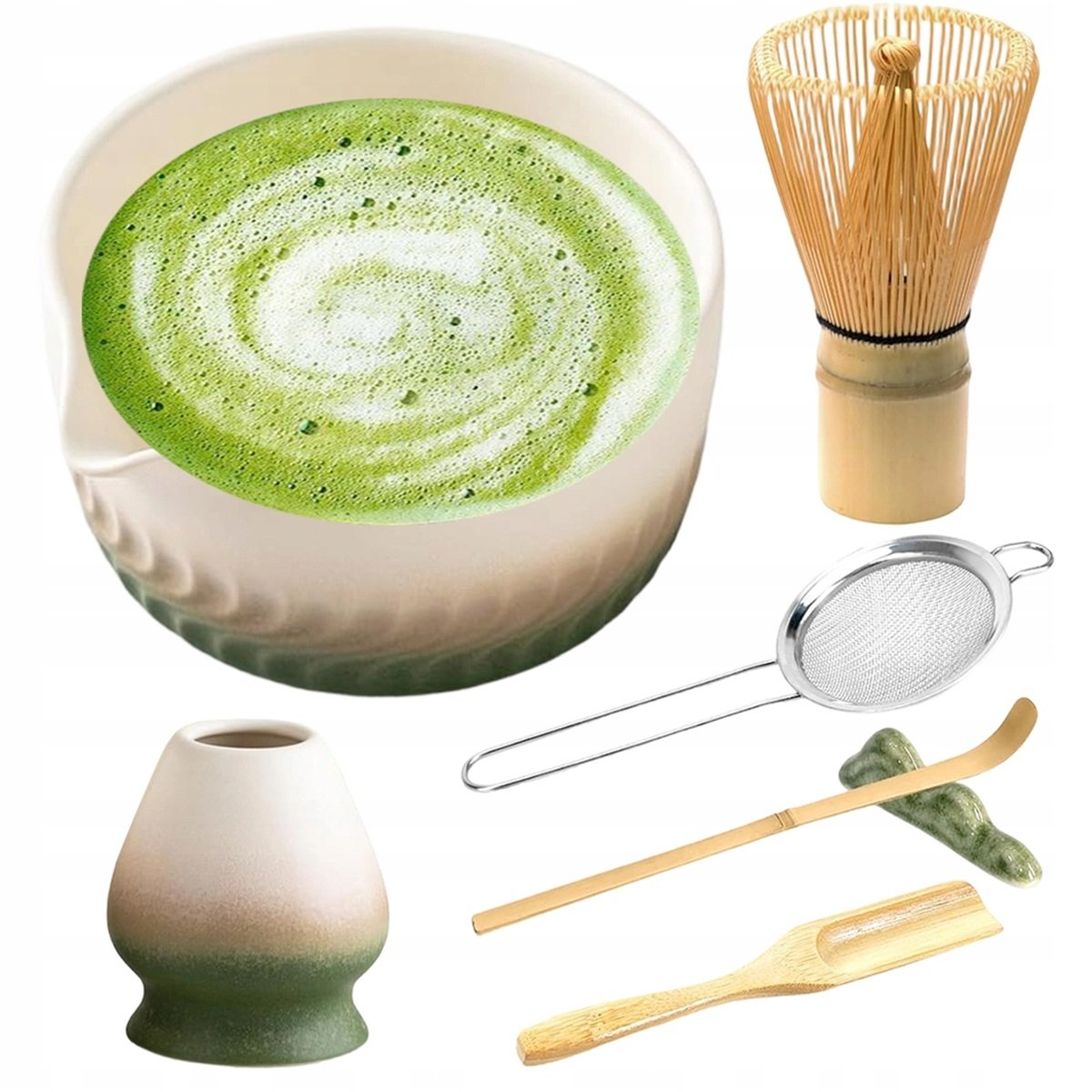 7 części zestaw do matcha z ceramiczną miską, sitkiem i łyżkami zielony