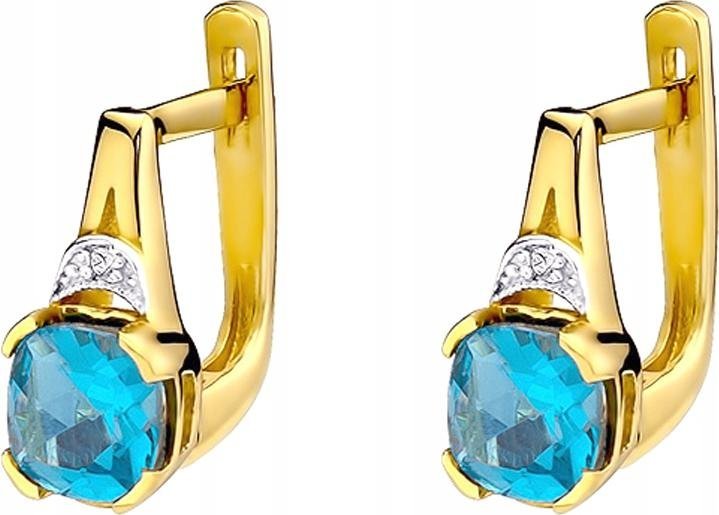 Złote kolczyki 585 angielskie topaz diamenty elegancki wzór dla niej 14k