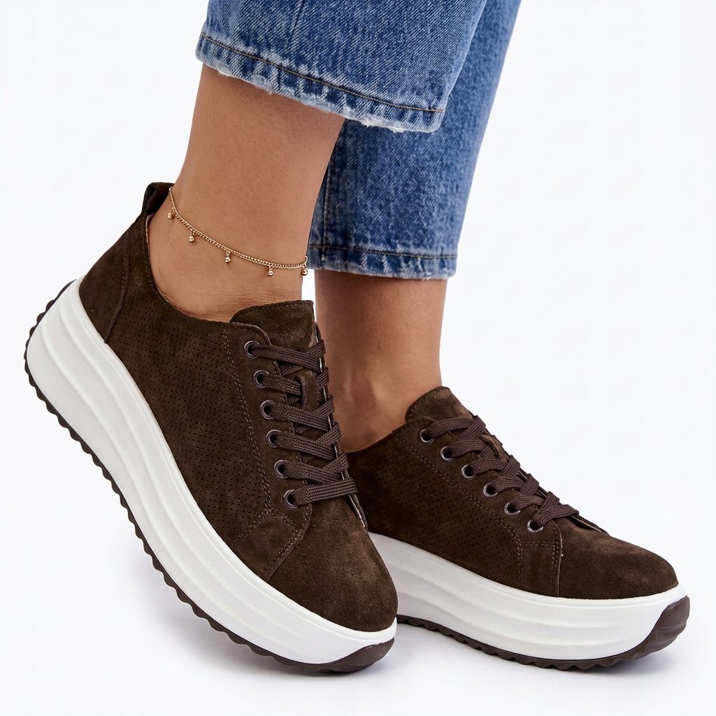 CZEKOLADOWE SKÓRZANE SNEAKERSY DAMSKIE PÓŁBUTY GOODIN 1048 BRĄZOWE 37