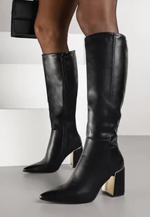 Czarne Kozaki na Słupku z Metalicznym Zdobieniem i Szpiczastym Noskiem Nisfitta - Kozaki damskie - miniaturka - grafika 1