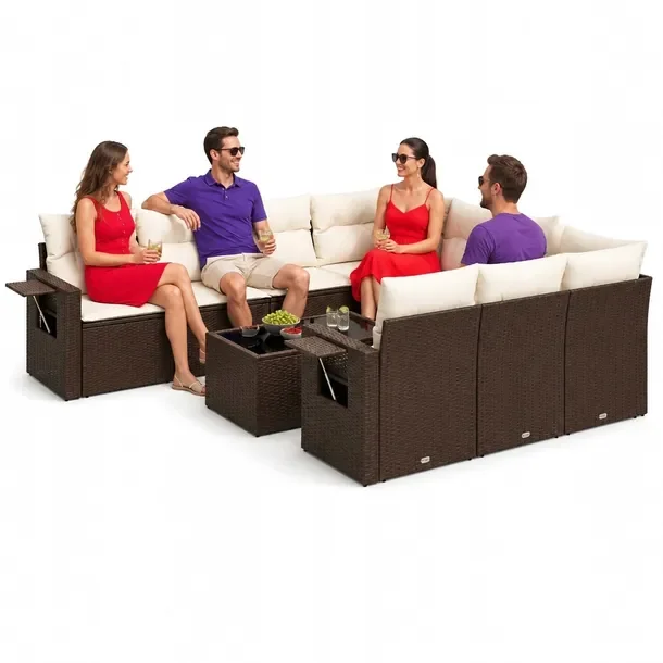 Zestaw mebli ogrodowych brązowy z poduszkami, rattan PE, wymiary 62x62x69