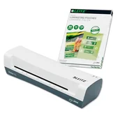 Laminatory - Leitz Zestaw iLAM Home A4 laminator + folia do laminowania na gorąco A4 80 mic w opakowaniu 100 sztuk, laminator do laminowania od 75 do 125 mikronów, czas nagrzewania 3 minuty, biały, idealny do - miniaturka - grafika 1