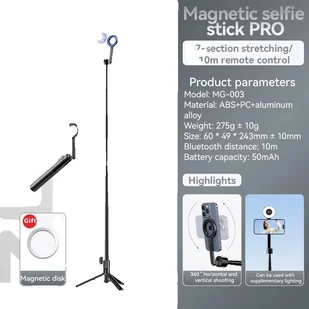 Magnetyczny statyw selfie stick, wysuwany na 1,36 m, mocowanie 360°, MG-003 Black 1.36M - Selfie stick - miniaturka - grafika 1