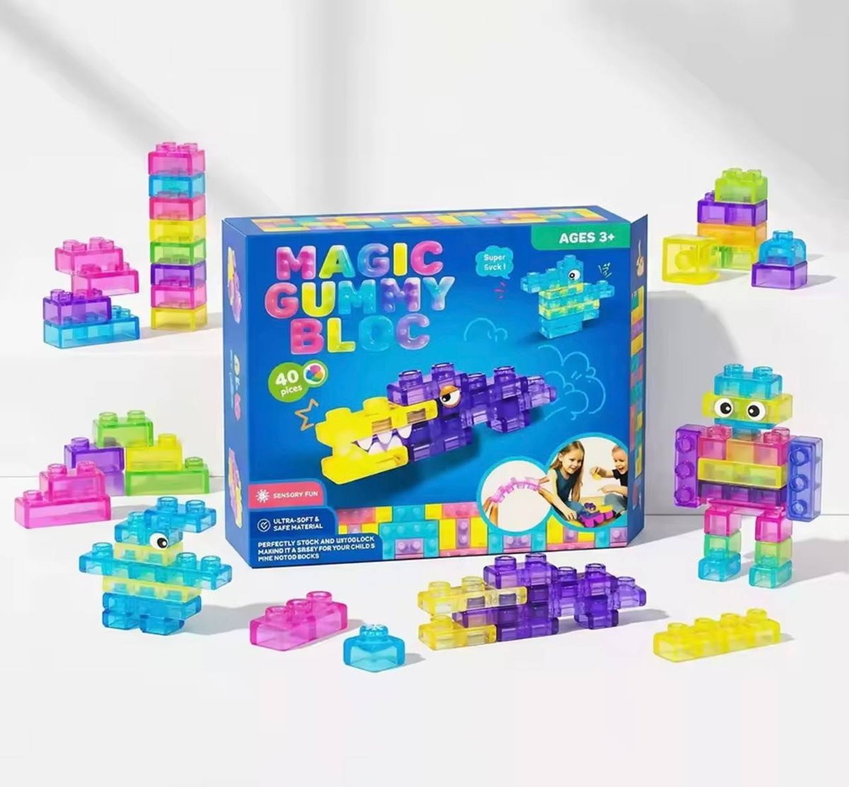 Magic Gummy Bloc klocki sensoryczne kreatywne 40 el. LED dla dzieci gumowe 3+