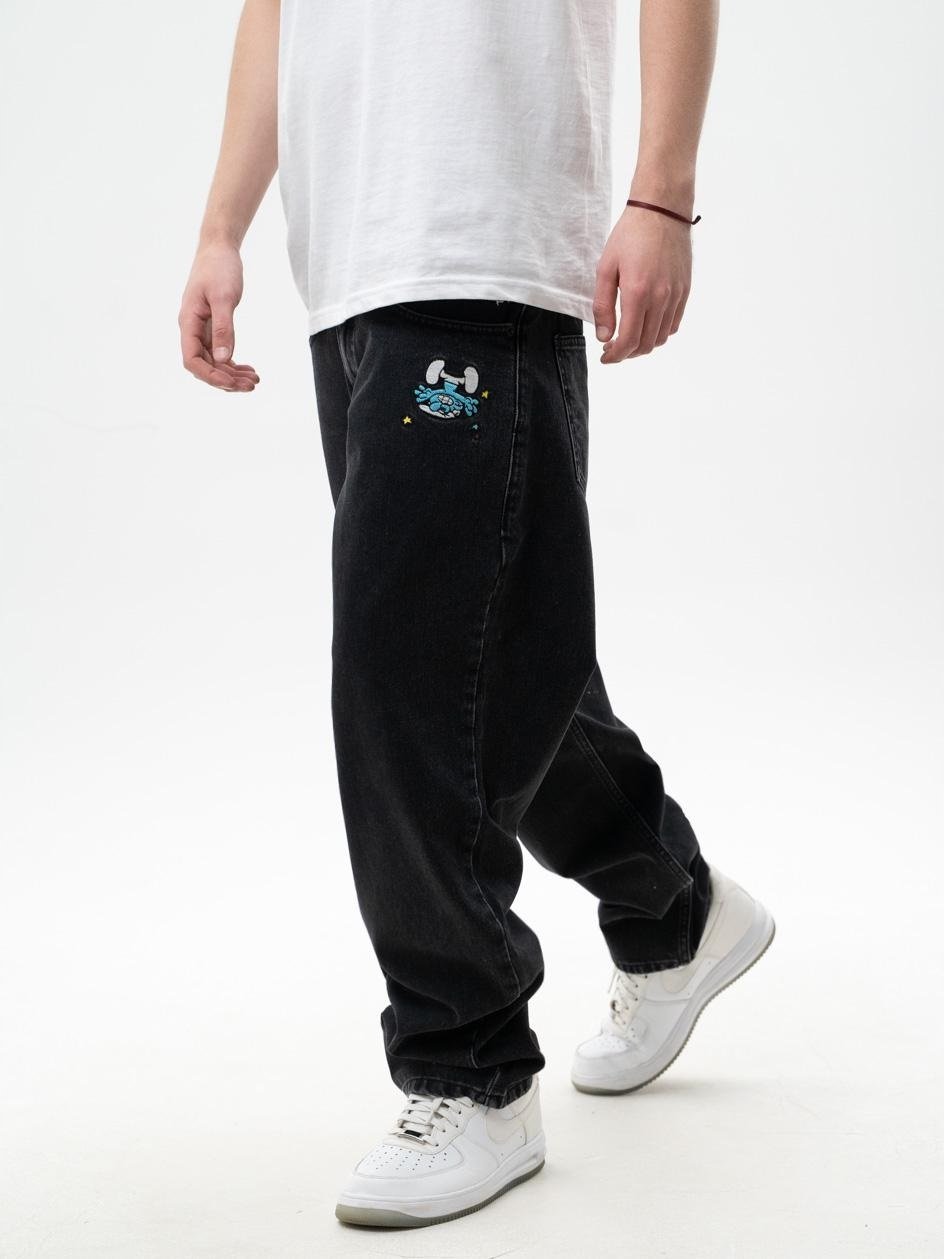 Spodnie Jeansowe Baggy Męskie Czarne Smerfy Premium Denim Szerokie L