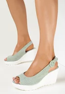 Sandały damskie - Jasnozielone Sandały na Brokatowym Koturnie ze Sprzączką i Skórzaną Wkładką Chera - miniaturka - grafika 1