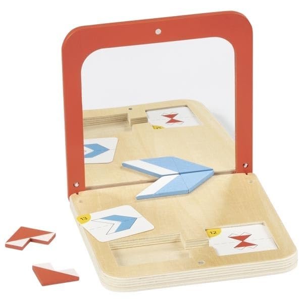 goki 56296 gra symetryczna magia lustrzana – gra drewniana z pudełkiem z lustrem, 26 części i 21 dwustronnych kart, 15,9 x 15,9 x 2 cm, od 4 lat