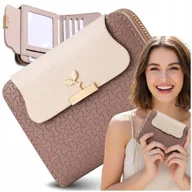 Portfele - Elegancki portfel damski z klapką i zamkiem stylowy brązowy beżowy - miniaturka - grafika 1