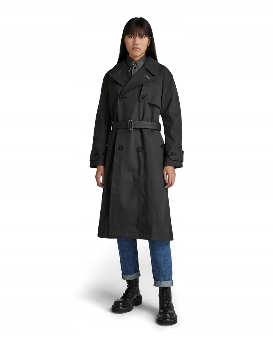 G-STAR RAW CZARNY PŁASZCZ TRENCH Z PASEM I SZEROKIM KOŁNIERZEM M 17FA