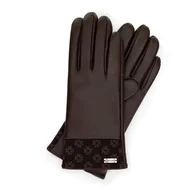 Rękawiczki - Damskie rękawiczki skórzane z monogramem na brzegu brązowe - miniaturka - grafika 1