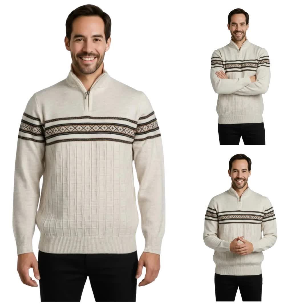 Sweter męski z zamkiem półgolf akryl wzór norweski skandynawski L